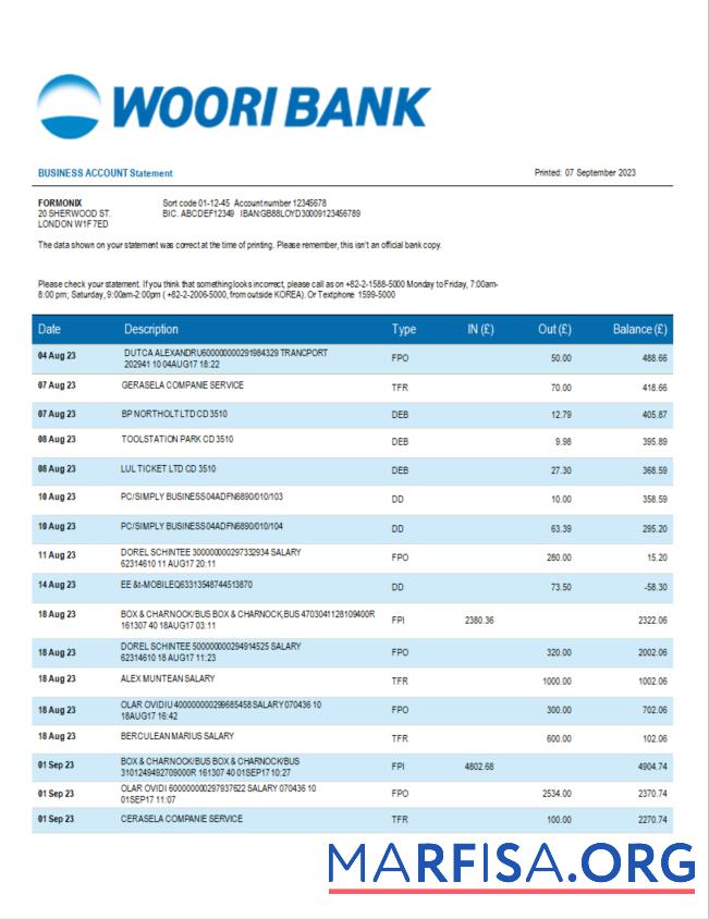 Realistic Woori Bank business statement Word and PDF template